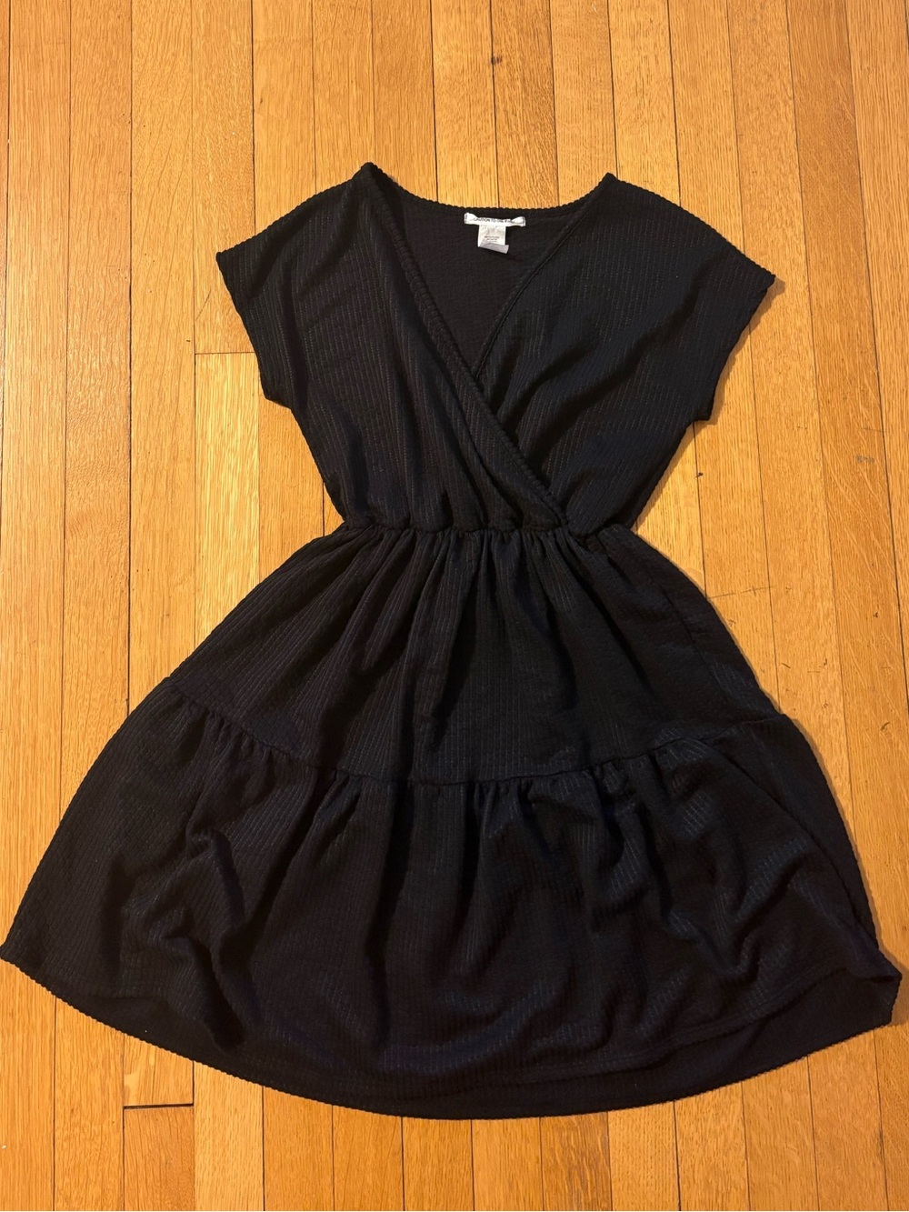 Caution to the Wind Black Ribbed Faux Wrap Tiered Mini Dress - Small